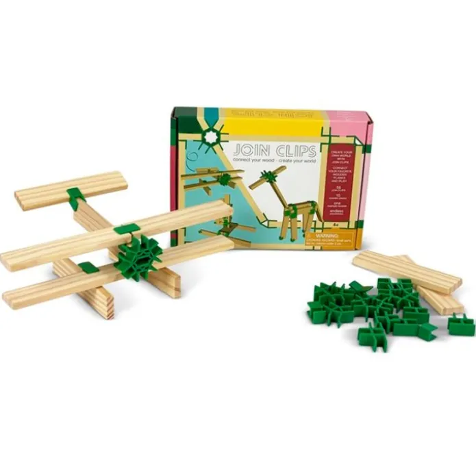 Bloques de construcción de madera (10) y conectores (56) compatibles con KAPLA - Join Clips