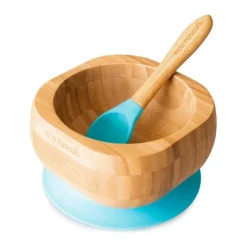 Bol con ventosa y cuchara azul - Madera de Bambú - Eco Rascals