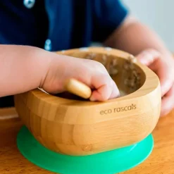 Bol con ventosa y cuchara verde - Madera de Bambú - Eco Rascals