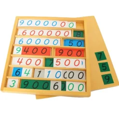 Caja de madera con tarjetas para multiplicar en el juego del banco - Montessori