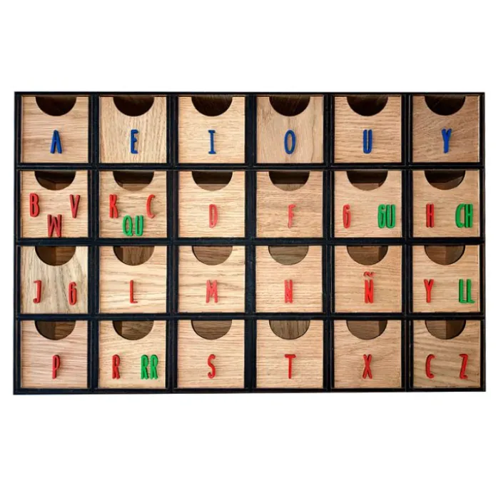 Caja de madera para clasificar sonidos Montessori mayúsculas - R-cre@