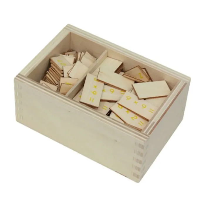 Caja de madera pequeña con operaciones para multiplicar - Montessori