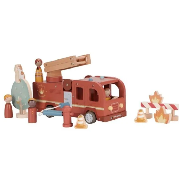 Camión de bomberos con muñecos y accesorios de madera - Little Dutch