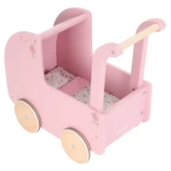 Carrito capazo para muñecas rosa con flores de madera - Little Dutch