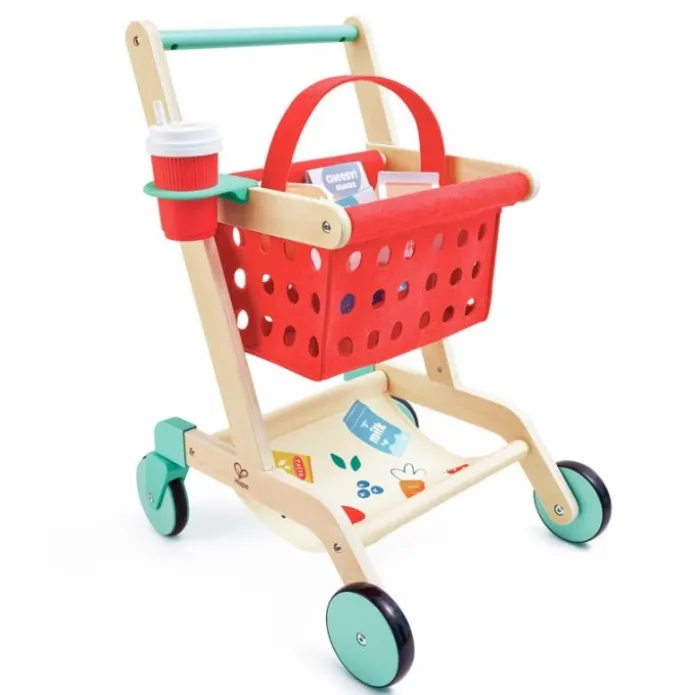 Carrito cesta de la compra de madera con alimentos - Hape