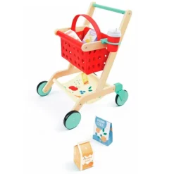 Carrito cesta de la compra de madera con alimentos - Hape