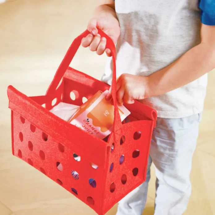Carrito cesta de la compra de madera con alimentos - Hape