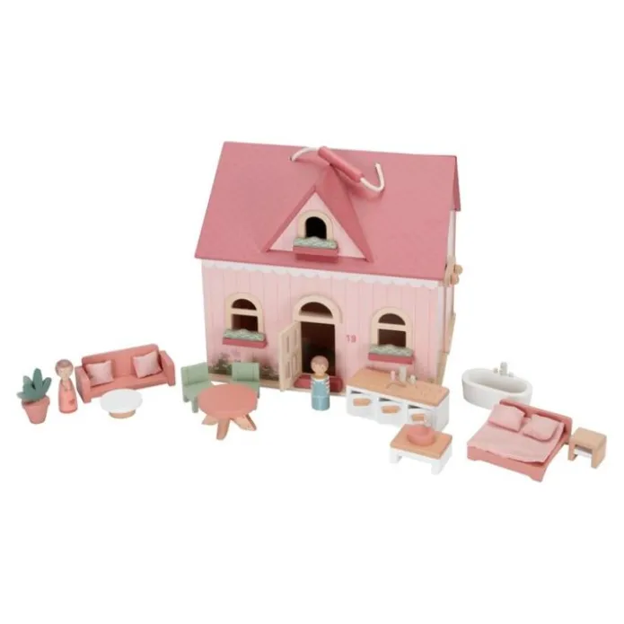 Casa de muñecas de madera con muebles rosa portátil - Little Dutch