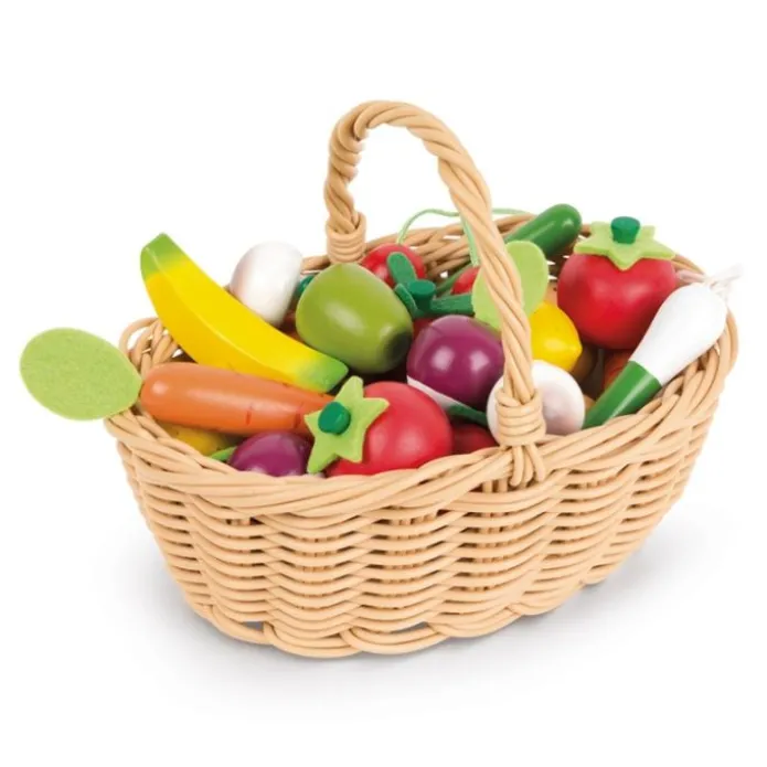 Cesta con 24 frutas y verduras de madera - Janod