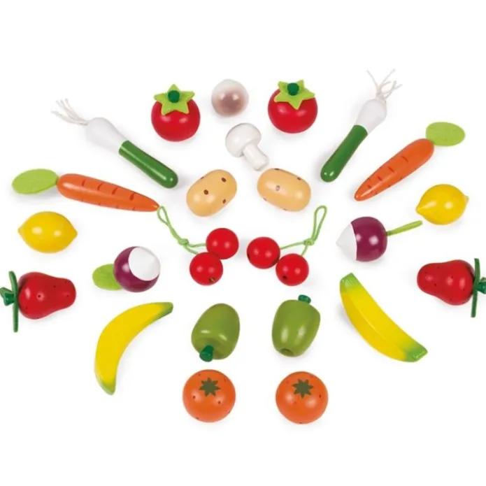 Cesta con 24 frutas y verduras de madera - Janod