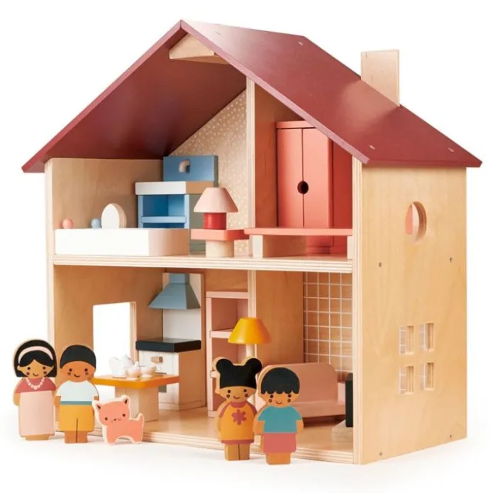 Familia y gato de madera para casa de muñecas - Mentari
