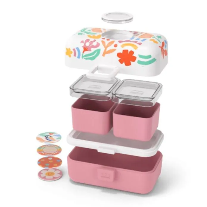 Fiambrera triple compacta polipropileno rosa flores (sin BPA) 800 ml - Monbento