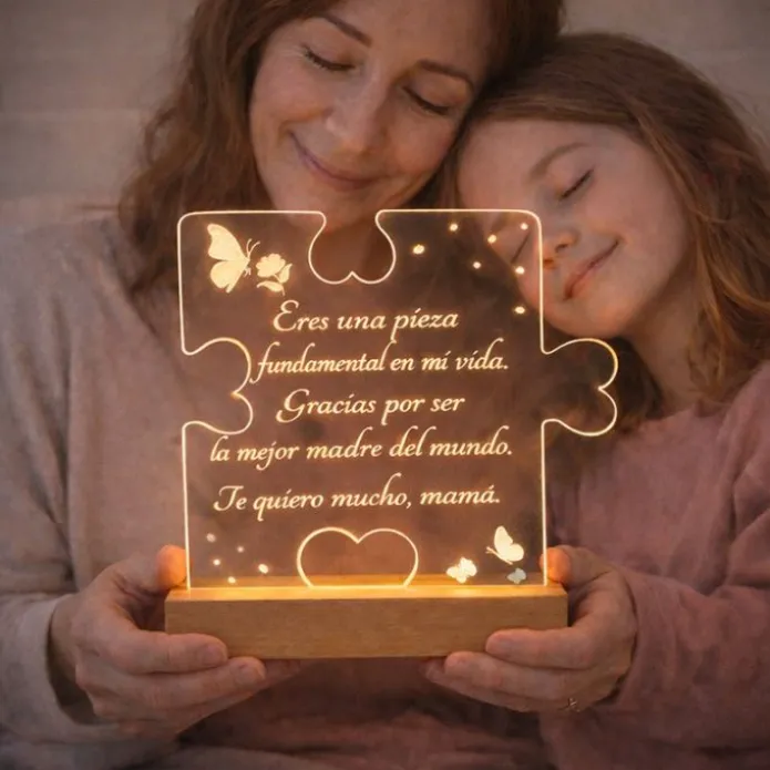 Lámpara personalizada puzle texto - Metacrilato y madera