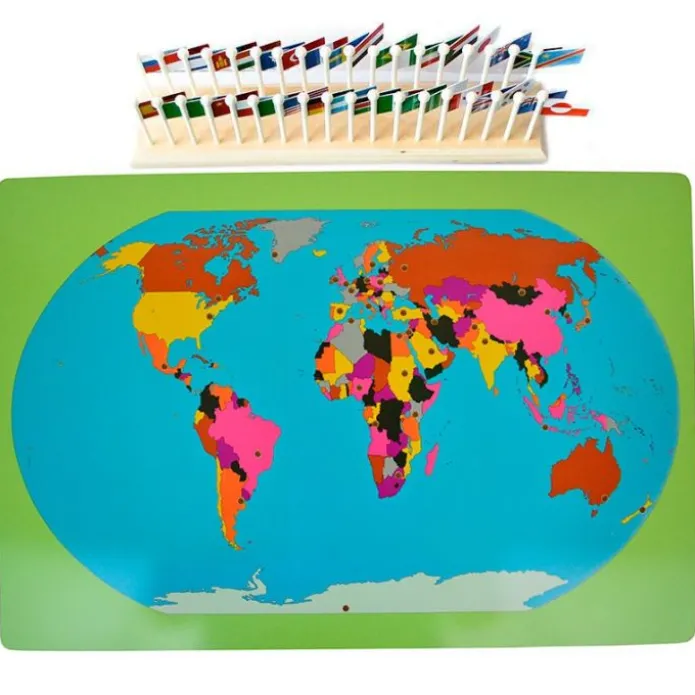 Mapa del mundo de madera con banderas - Montessori