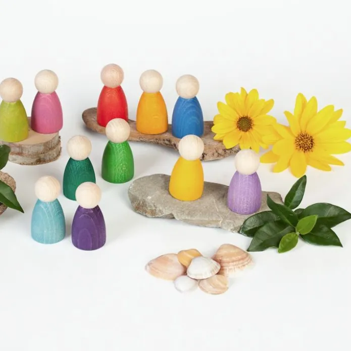 Muñecos Nins® de madera de colores arcoíris y pastel (12) - Grapat