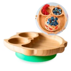 Plato búho con ventosa verde - Madera de Bambú - Eco Rascals