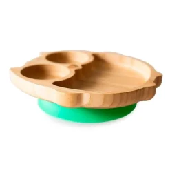 Plato búho con ventosa verde - Madera de Bambú - Eco Rascals