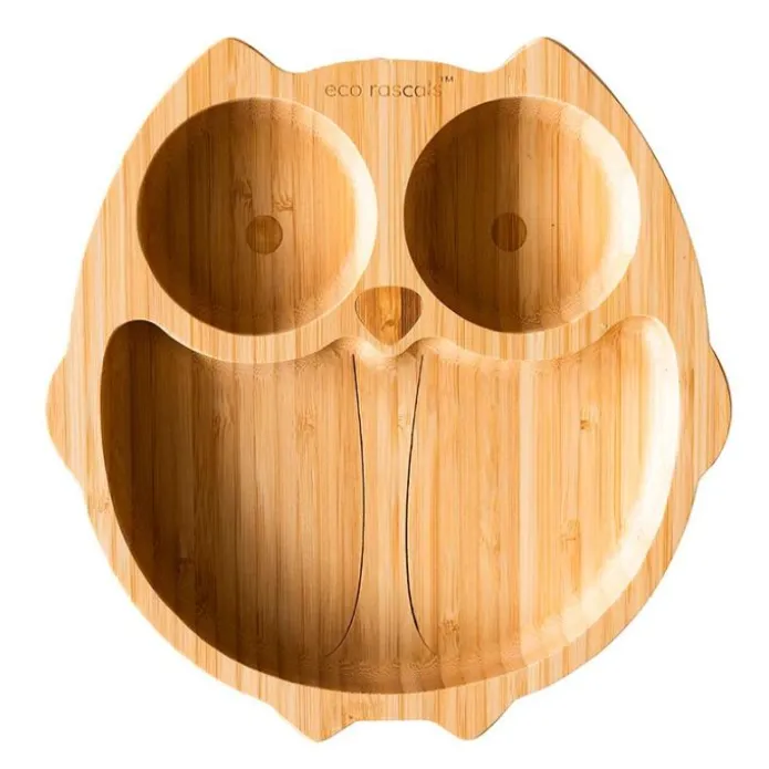 Plato búho con ventosa verde - Madera de Bambú - Eco Rascals