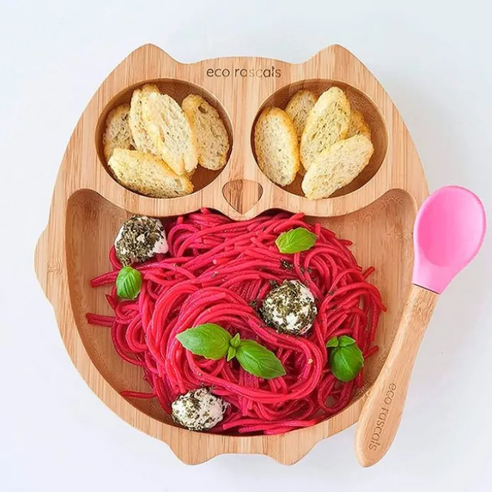Plato búho con ventosa verde - Madera de Bambú - Eco Rascals