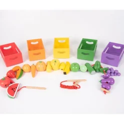 Set de 5 cajas con 20 frutas y verduras de madera para coser - TickiT