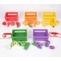 Set de 5 cajas con 20 frutas y verduras de madera para coser - TickiT