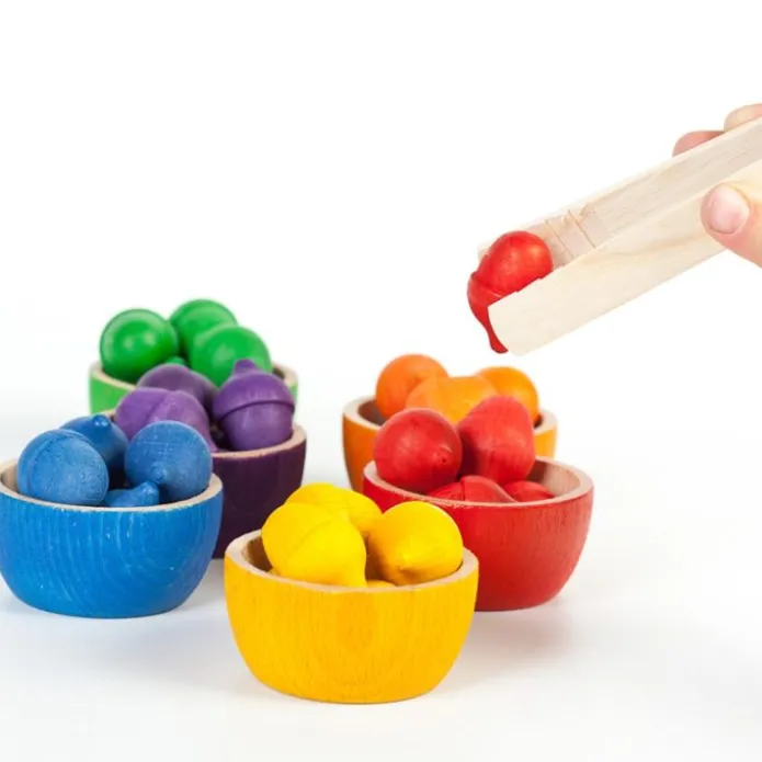 Set de cuencos y bellotas de madera colores arcoíris - Grapat