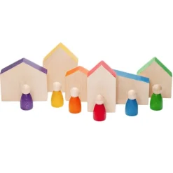Set de muñecos Nins® y casas de madera colores arcoíris - Grapat