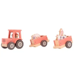 Tractor con remolques, personajes y animales de madera - Monnëka