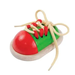 Zapato de madera con cordones para atar verde y rojo - PlanToys